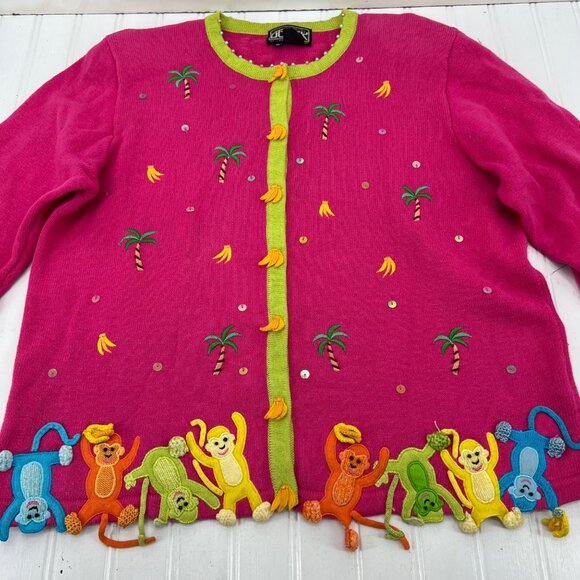 Berek Womens Monkey Cardigan Sweater M Pink Green Cotton Blend - Picture 2 of 6